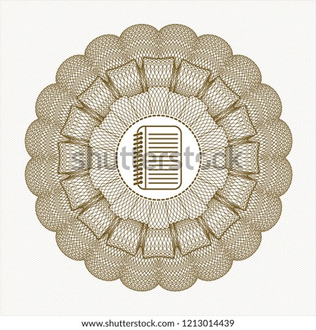 Brown rosette or money style emblem with note book icon inside