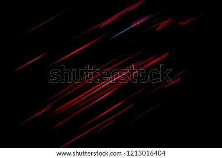 Diagonal lights and stripes moving fast over dark background. Red backdrop from fast-moving glow particles.