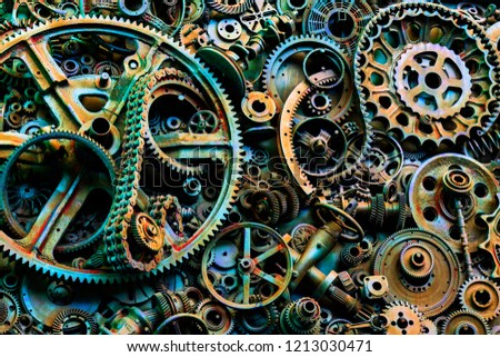 Steampunk background, machine parts, large gears and chains from machines and tractors. Old rusty machine and mechanical parts. Springs, bearings, pistons, crankshafts, camshafts.