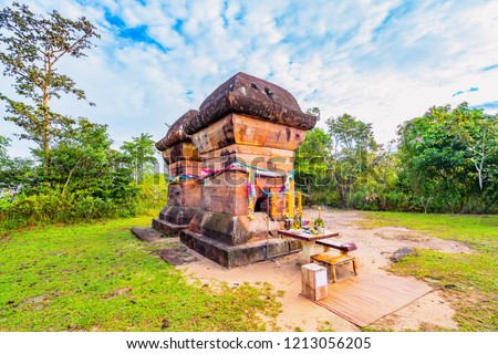 Double Stupas Trail Histoiy at Pha Mo E Dang or  Pha Moo Daeng  in morning in Khao Pra Wihan National Park Khao Phra Viharn National Park Srisaket Province Thailand