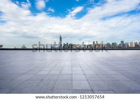 empty marble floor with city skyline in wuhan china