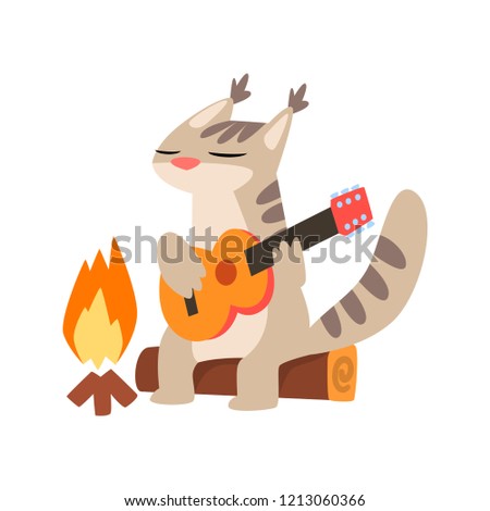 Lynx playing guitar while sitting by the bonfire, cute cartoon animal having hiking adventure travel or camping trip vector Illustration on a white background