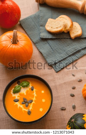 Pumpkin soup puree with cream and pumpkin seeds on the background of whole pumpkins of different colors. The surface of the textile