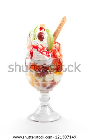 Ice cream scoops with whipped cream, fruits and biscuits