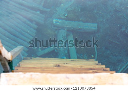Wooden steps descending into clear blue water, clean water, environment, ecology, visible bottom through water.