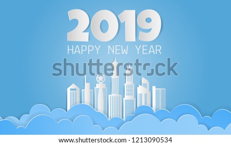 Paper art of skyscraper with clouds and 2019 HAPPY NEW YEAR text on blue sky, Modern city skyline building. Vector illustration