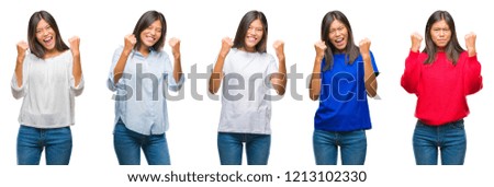 Composition of chinese asian woman over isolated background very happy and excited doing winner gesture with arms raised, smiling and screaming for success. Celebration concept.