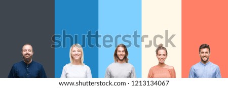 Collage of casual young people over colorful stripes isolated background with a happy and cool smile on face. Lucky person.