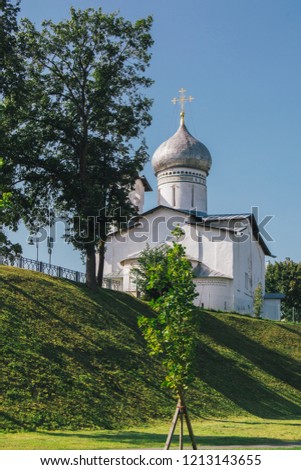 trees on the background of squirrels of a Christian church in the city of Pskov