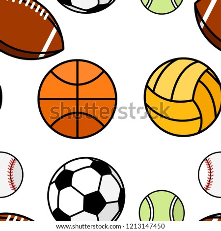 Seamless pattern. Collection of sport balls. Line style icon design. Flat vector illustration on white background.
