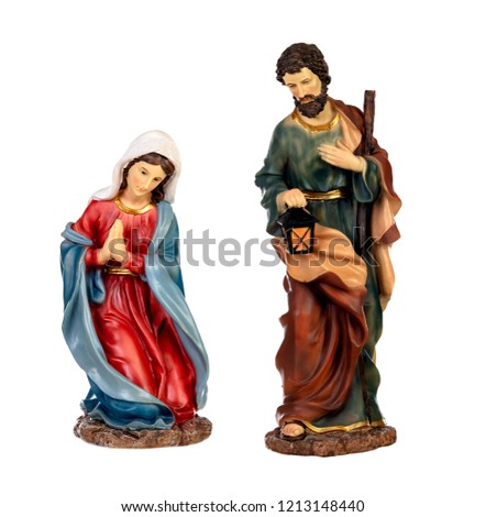 Scene of the nativity: Mary, Joseph and the Baby Jesus isolated on a white background
