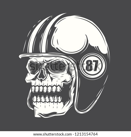 Black and white skull motorcycle helmet on dark background. Vector illustration.