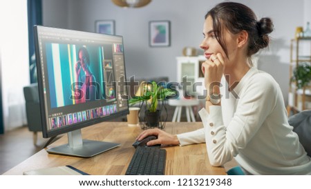 Professional Female Photographer Works in Photo Editing App / Software on His Personal Computer. Photo Editor Retouching Photos of Beautiful Girl. Mock-up Software Design.