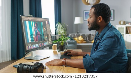 Professional Photographer Works in Photo Editing App / Software on His Personal Computer. Photo Editor Retouching Photos of Beautiful Girl. Mock-up Software Design.