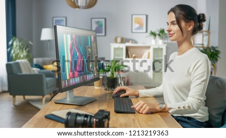 Professional Female Photographer Works in Photo Editing App / Software on His Personal Computer. Photo Editor Retouching Photos of Beautiful Girl. Mock-up Software Design.