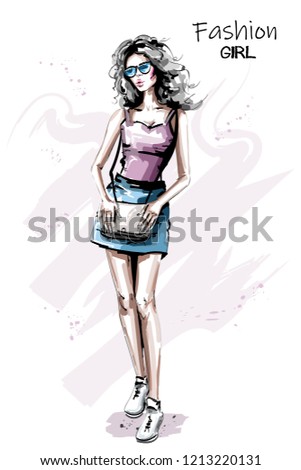 Hand drawn beautiful young woman outfit. Stylish elegant girl in sunglasses. Fashion woman with bag. Sketch.