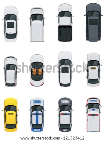Vector cars icon set. From above view. Includes sedan, commercial van, truck, wagon, cabrio, sport car, hatchback, taxi, police and ambulance vehicles