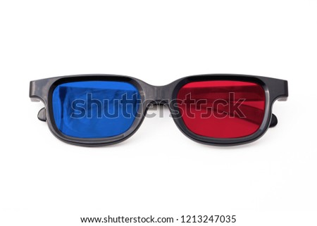  3d glasses isolated on white background, front view.  Cinema glasses frontally. glasses view from above.