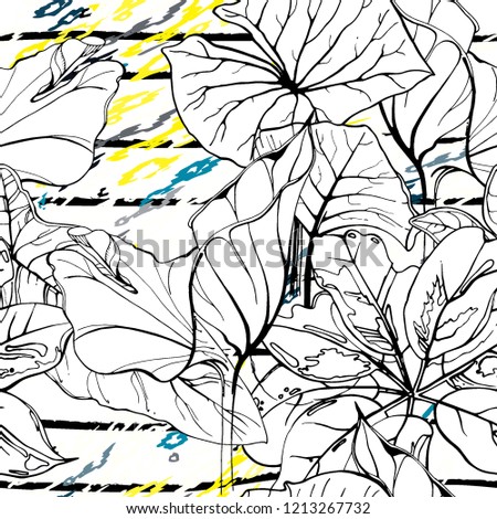Tropical, stripe, animal motif. Seamless pattern line and crackle textures. Modern summer flower, leaf on abstract shape brush. Contrast vector background. Watercolor blobs and daubs, ink and stains.