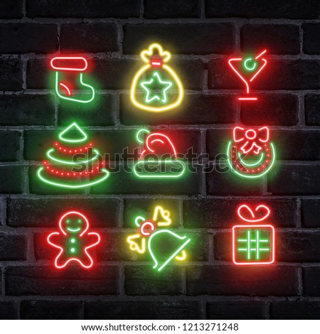 Christmas concept. Set of neon app signs over dark brick wall