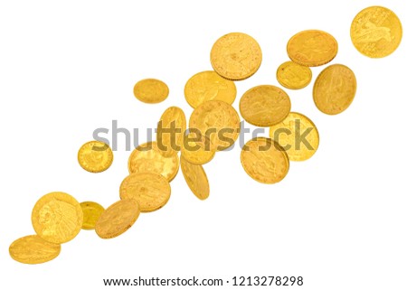 Falling Old Gold American Dollar Coins Isolated on white 