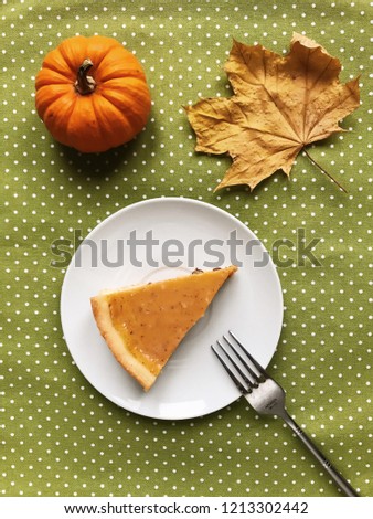 Piece of a pumpkin pie on a saucer isolated on white background with a clipping path