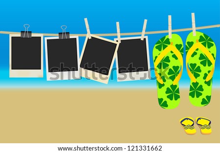 Collection of Old Retro Blank Photo Frames and Flip Flops Hanging on Rope - Summer Beach in Background