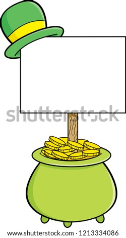 Cartoon illustration of a pot of gold with a sign that has a derby on top.