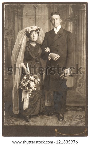vintage wedding photo. just married couple circa 1910. nostalgic picture