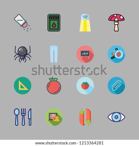 macro icon set. vector set about tomatoes, eye, chilli and paper clip icons set.