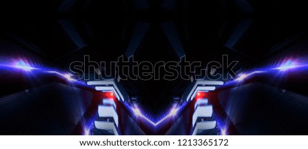 Neon lines on a dark background. Space background, lights space units. Abstract neon background, cosmic tunnels, corridors, lenses, glare, laser beams. The virtual reality