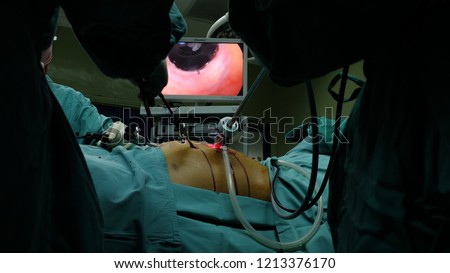 View of Laparoscopic surgery with Abdoninal Ports in place.This is Minimally Invasive Surgery.. Royalty-Free Stock Photo #1213376170