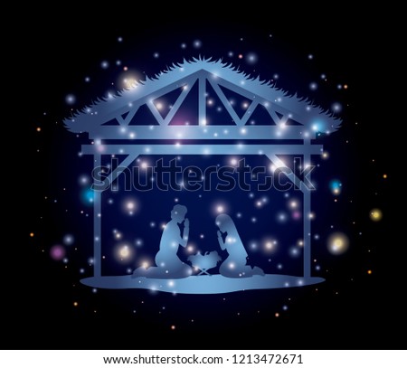 merry christmas card with holy family in stable