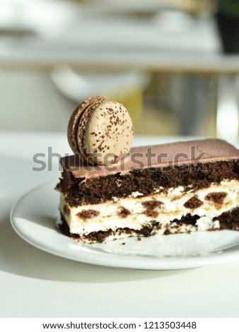 Chocolate Cake slice with macarons on white table on light background. Dessert.