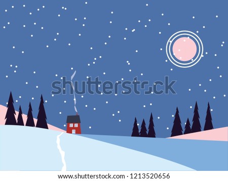 Winter landscape with red house,smoke from fireplace and pink moon while snowing. Vector illustration.