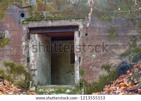 Demolished bunker in Central Europe. Old reinforced concrete fortifications of the Pomeranian embankment. Season of the autumn.