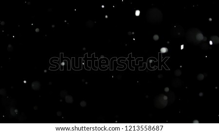 White Snow Falling on Isolated Black Background, Shot of Flying Snowflakes Bokeh, Dust Particles or Powder in the Air. Holiday Overlay Effect