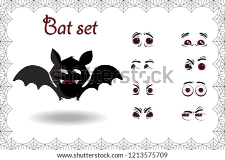 Halloween vector set for creation character of cute black cartoon bat with fangs and different emotions isolated on white background framed with elegant spiderweb cobweb. Clip art for greeting card.