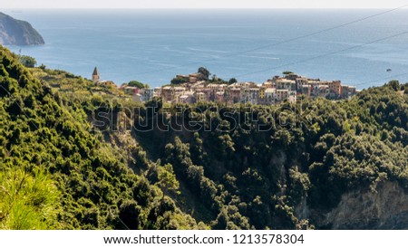 Panoramic view of Corniglia and Cinque Terre Park, Liguria, Italy