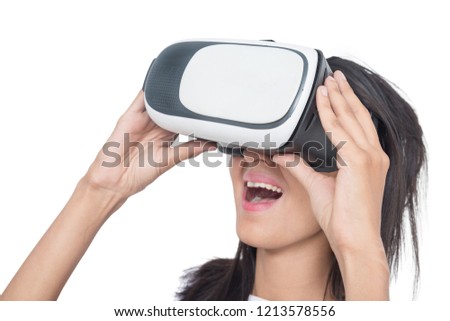 Metaverse india, Beautiful Girl wearing  virtual and augmented reality headsets device,  VR Box, Asian woman enjoying and exploring,  paly games, future technology. isolated on white background