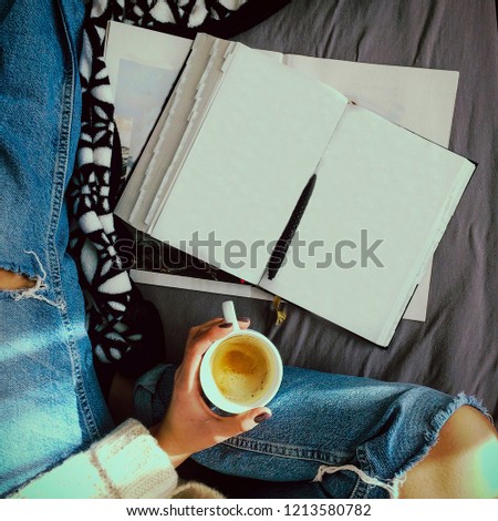 girl drinks coffee, beautiful photography, rest and study, beautiful layout, girl reads a book