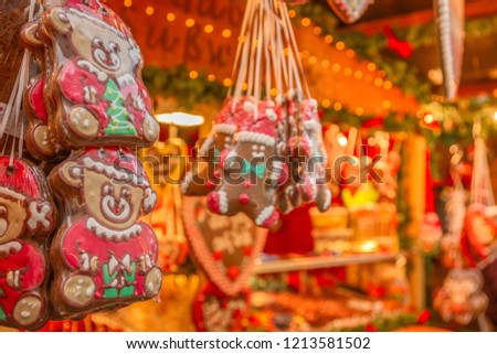 One of the most traditional sweet treats which are gingerbread pictured at the Christmas Market in Berlin, Germany. They can be found in different sizes and icing.