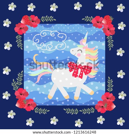 
Funny unicorn with red bow on blue background with polka dots in a beautiful floral frame. Great collection. Patchwork pattern for kids.