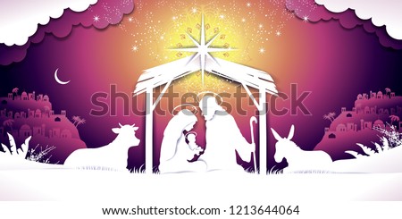 Christmas banner nativity sunset scene with the Holy Family Landscape-transparency blending effects and gradient mesh-EPS10