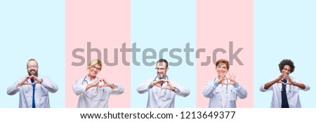 Collage of group professionals doctors wearing medical uniform over isolated background smiling in love showing heart symbol and shape with hands. Romantic concept.