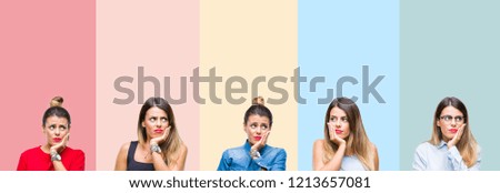 Collage of young beautiful woman over colorful stripes isolated background thinking looking tired and bored with depression problems with crossed arms.
