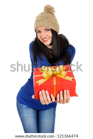 Isolated young casual woman with gift