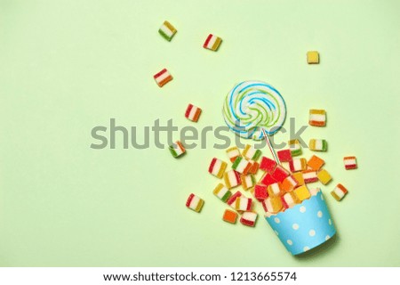 Birthday Concept - Holiday Top View Various Sweet Candy on White Background. Fun Decoration. Minimal Holiday Concept. Flat Lay