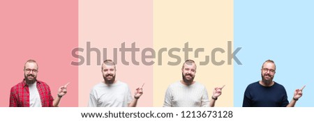 Collage of young man with beard over colorful stripes isolated background with a big smile on face, pointing with hand and finger to the side looking at the camera.