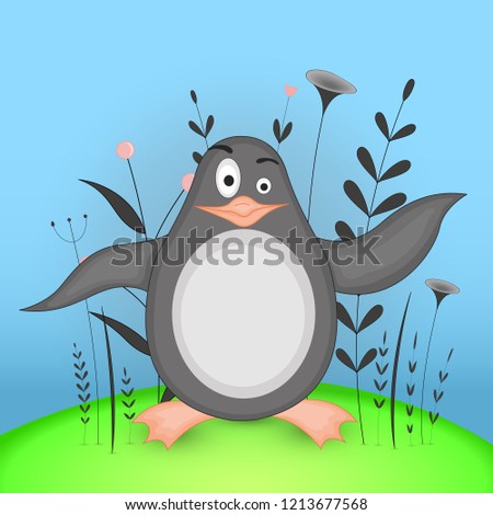 Gift postcard with cartoon animals penguin. Decorative floral background with branches and plants.